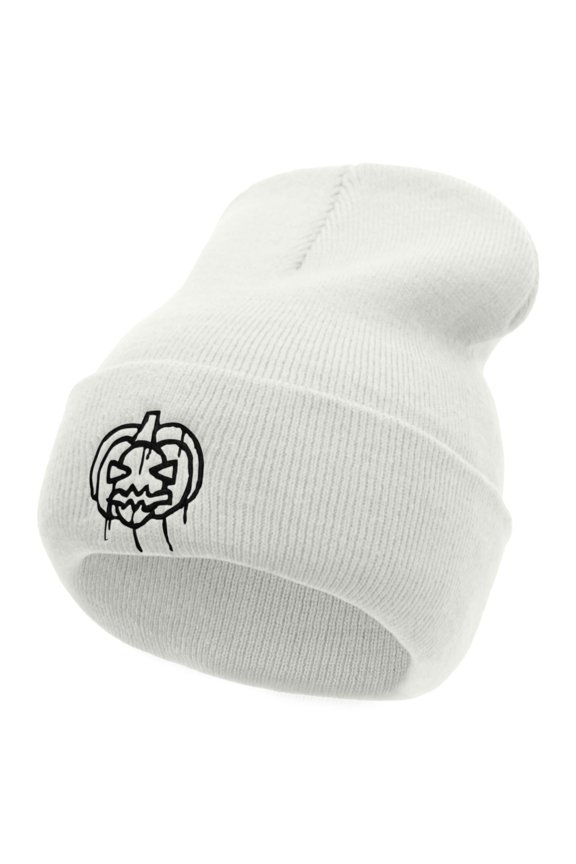 Melting Pumpkin Embroidered 12 Inch Long Knitted Beanie - White OSFM