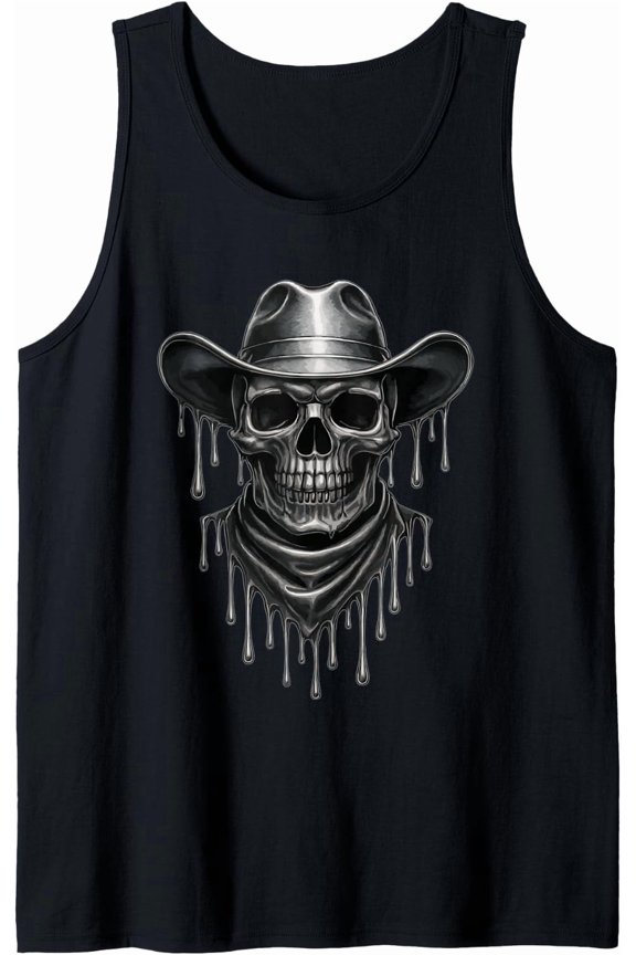 Melting Skeleton Cowboy Skull Dripping Goth Western Gothic Tank Top Size S-3XL