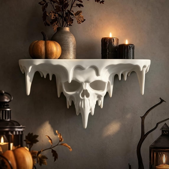 Melting Skull Floating Wall Shelf Gothic Gaming Room Decor Gothic Halloween wall shelf for collectibles, figures, candles, and spooky room displays, 8.6 x 3.5 x 4..3 in