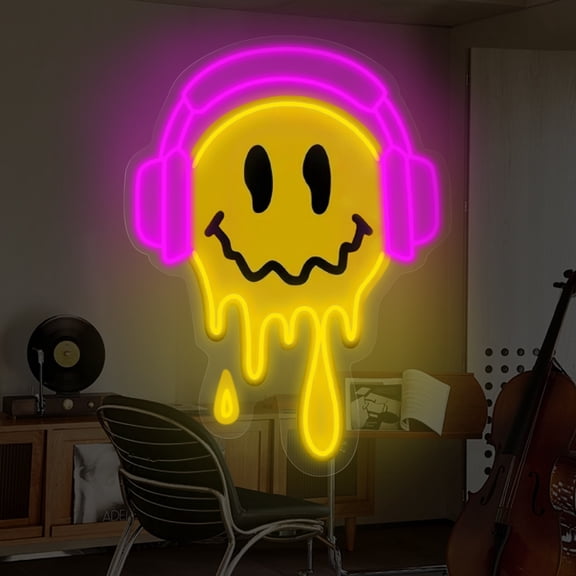 Melting Smile Face With Headphone Neon Sign for Wall Decor Neon Smile Light Signs for Kids Room Bar Party Bedroom Decor Lamp Personalized Gifts Kids Room, Wedding Decoration, Holiday Gift-Pink