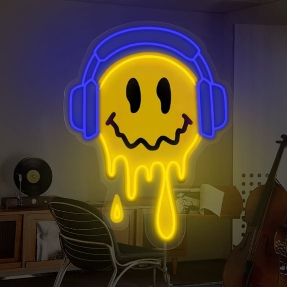 Melting Smile Face With Headphone Neon Sign for Wall Decor Neon Smile Light Signs for Kids Room Bar Party Bedroom Decor Lamp Personalized Gifts Kids Room, Wedding Decoration, Holiday Gift-Blue