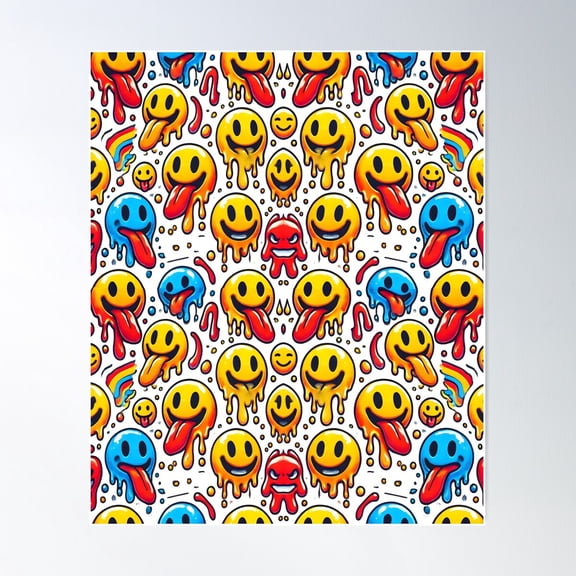 Melting Smiley Face Pattern – Colorful Drippy Trippy Acid Emoji Design For Rave And Festival Lovers Poster Wall Art, Modern Wall Decor For Living Room Bedroom, 8x12 UNFRAMED