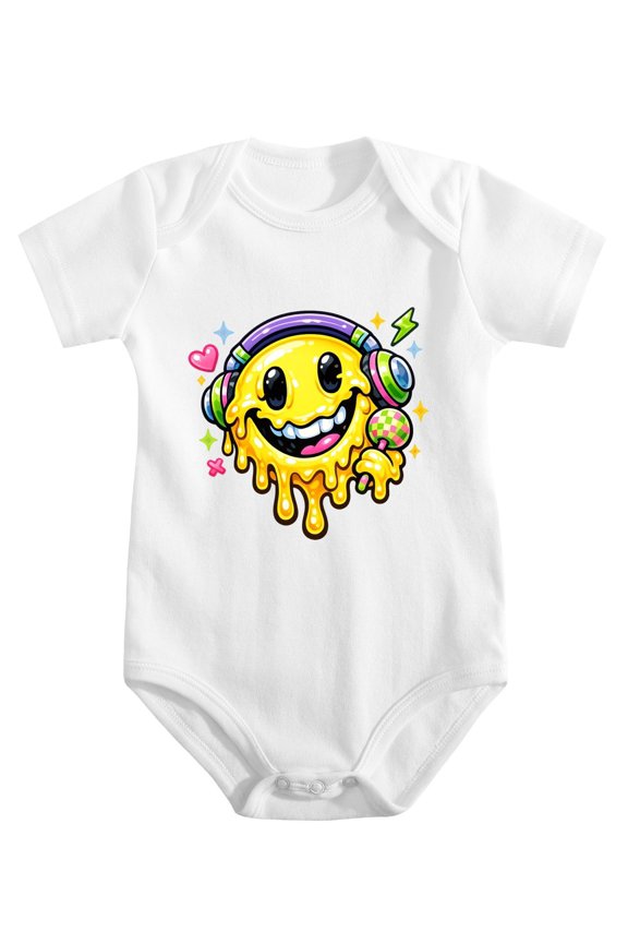 Melting Twisted Yellow Smiley Acid Baby Bodysuit, 100% Cotton Short Sleeve Snap Romper, 0-12 Months