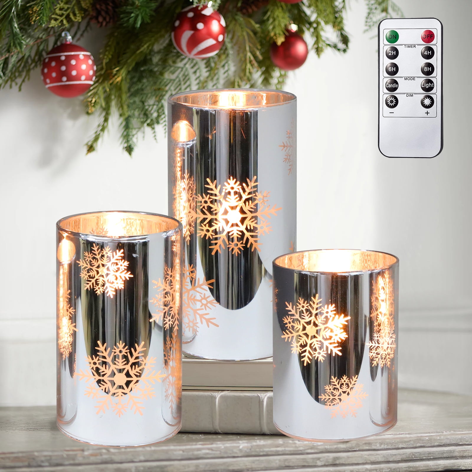 MELTONE Holiday Snowflake Flameless Candles Real Wax Flickering Battery Operated Glass LED Candles With Remote - Home Xmas Party Christmas Decor - Set Of 3