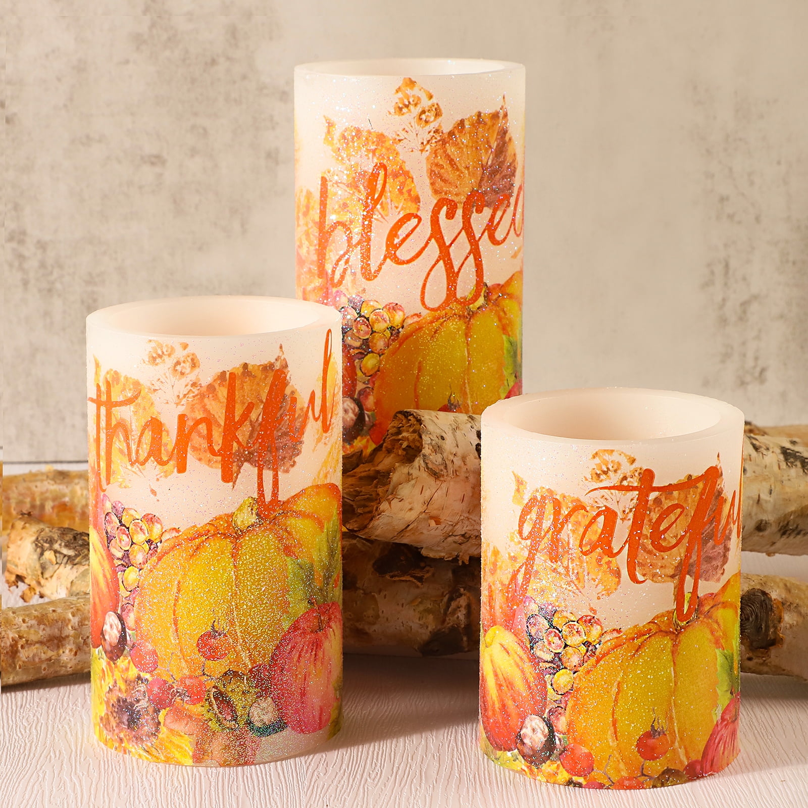 Meltone Fall Decor Flameless Candles, Autumn Harvest Maple Leaf Pumpkin Led Candles, Battery Candle with Remote & Timer, Realistic Pillar Candle for Thanksgiving Decorations, Halloween, Party