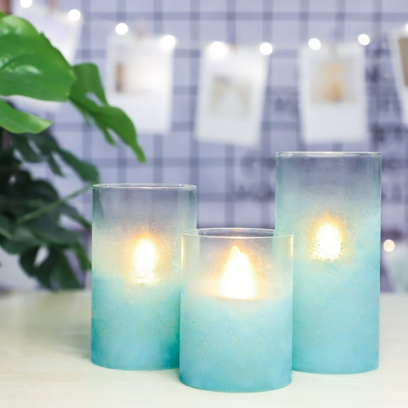 Meltone Glass LED Flameless Candles with Remote, Teal Pillar Candles Battery Operated, 3''x4''/5''/6'', Set of 3