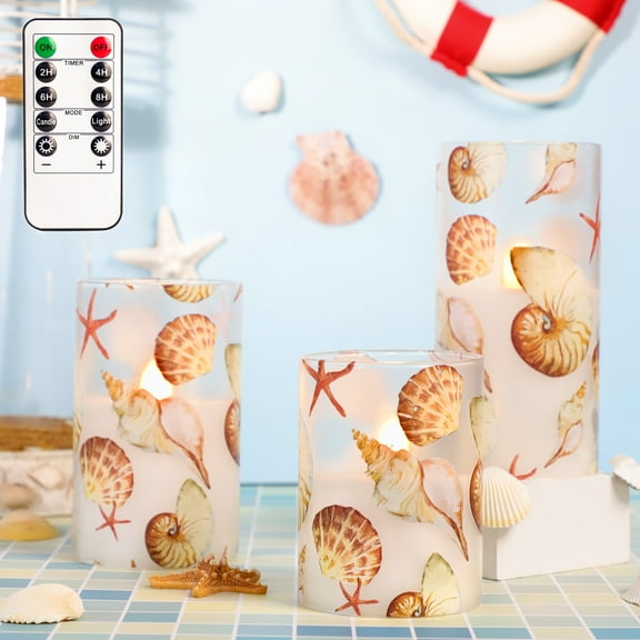 Meltone Ocean Glass LED Flameless Candles with Remote, Battery Operated LED Pillar Set of 3