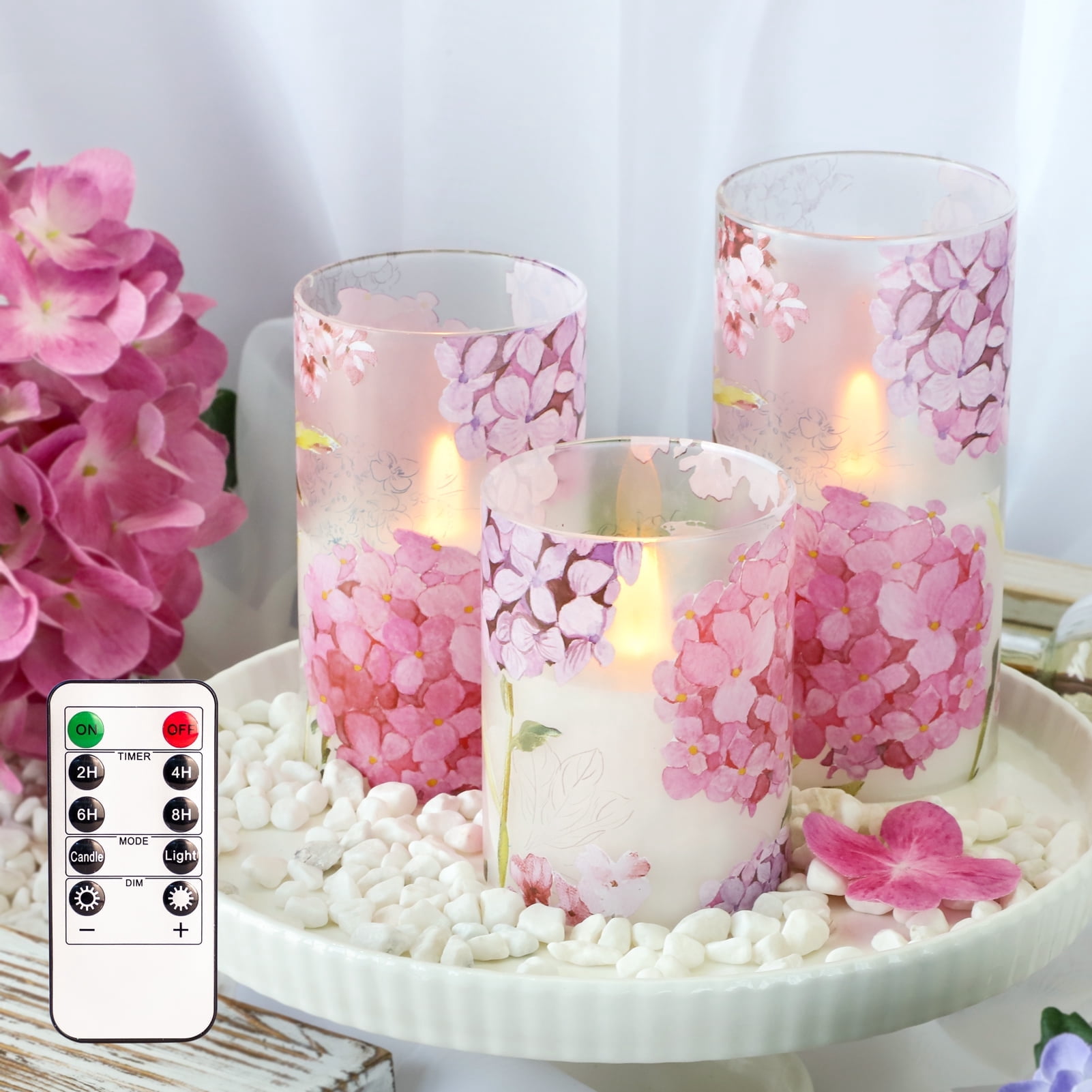 Meltone Pink LED Flameless Candles, Battery Operated Glass Candles with Remote and Timer, Set of 3 Candles Set