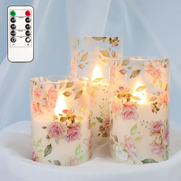 Meltone Rose LED Flameless Candles Battery Operated, Real Wax Glass LED Pillar with Remote Control, 3pcs Candle Set 3''x4''/5''/6''