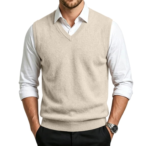 Meltox Men’s Wool Blend Vest Sweater V Neck Sleeveless Knitted Pullover Relaxed Fit Beige L