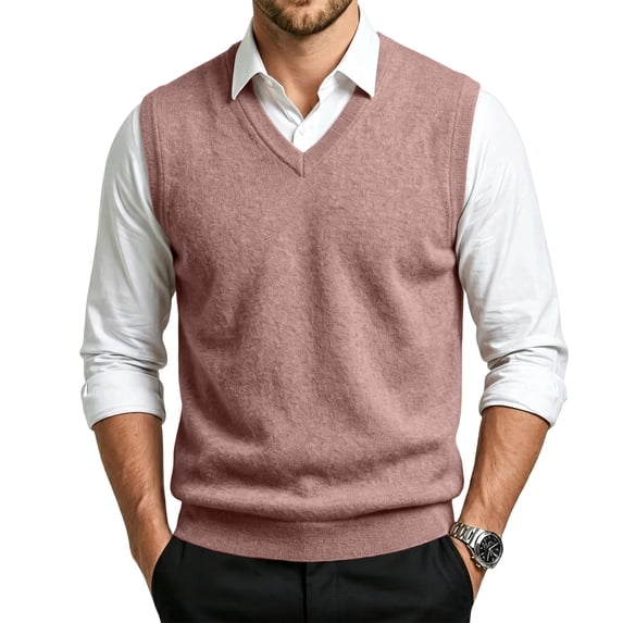 Meltox Men’s Wool Blend Vest Sweater V Neck Sleeveless Knitted Pullover Relaxed Fit Pink M