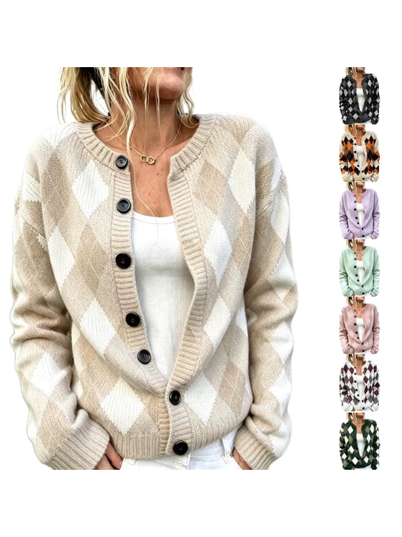 Women's Argyle Knit Cardigan Button Down Round Neck Long Sleeve Fall Winter Warm Casual Home Lounge Street Outerwear for Women Purple XXL