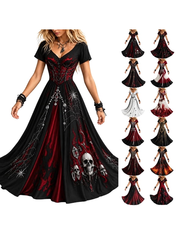 Women's Gothic 3D Print V Neck Long Maxi Dress Short Sleeve Fit and Flare Gown Fashion Halloween Party Costume for Women Pink XL