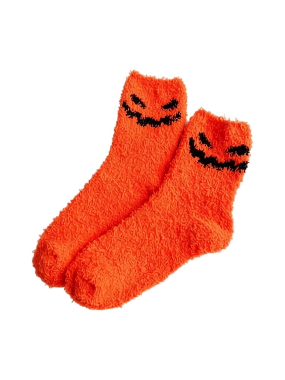 Womens Halloween Fuzzy Crew Socks Mid Calf Coral Fleece Plush Soft Indoor Lounge Socks For Autumn Winter Saffron One Size