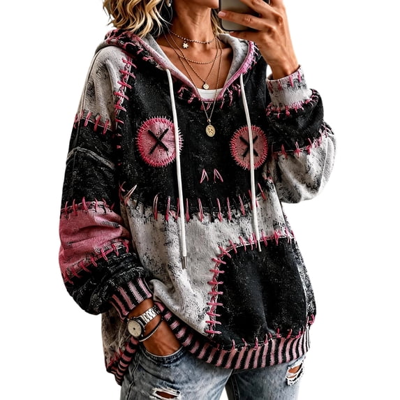 Meltox Womens Hooded Sweatshirt with Pocket Lightweight Fleece Pullover Long Sleeve Relaxed Fit Patchwork Graphic Hoodie Top Gray 2XL