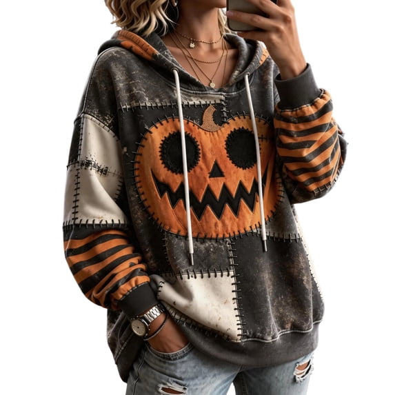 Meltox Womens Hooded Sweatshirt with Pocket Lightweight Fleece Pullover Long Sleeve Relaxed Fit Patchwork Graphic Hoodie Top Orange S