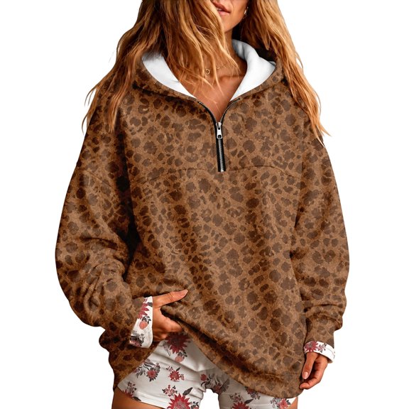 Meltox Womens Lightweight Quarter Zip Hooded Sweatshirt Leopard Print Pullover Long Sleeve Loose Fit Hoodie Without Pocket Brown L