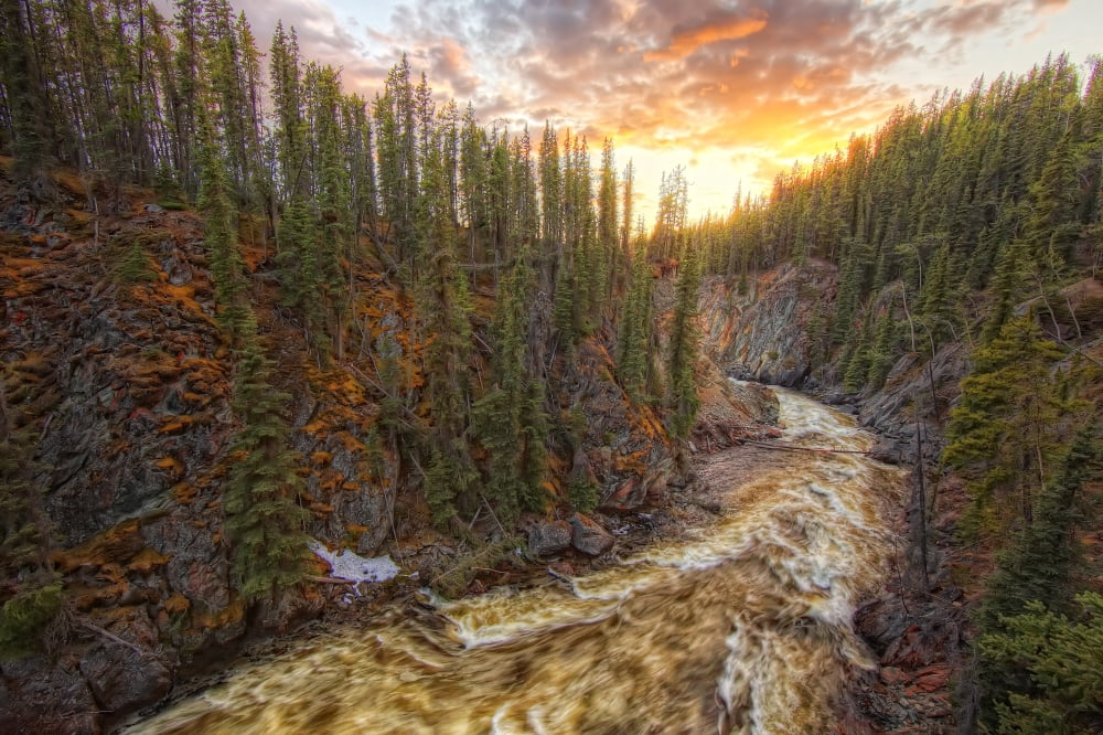 Meltwater Raging Through The Morley River Canyons Sunset Yukon Canvas Art - Robert Postma Design Pics (34 x 22)