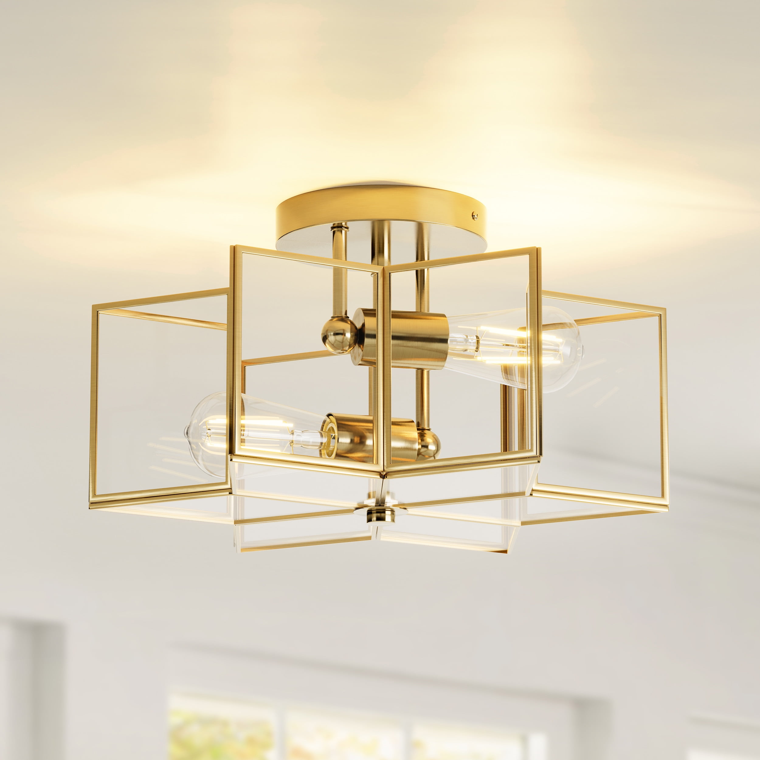 Meluaim Ceiling Light Fixture,  Flush Mount Ceiling Lamp with 2-Lights,Gold Hexagram Stra Shape, Brass Trim Craft