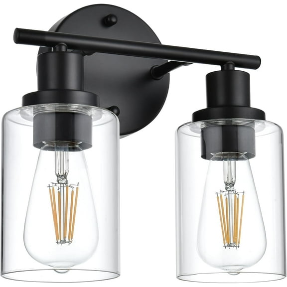 Melucee 2-light Vanity Light with Round Plate – Black Modern Bathroom Light Fixture, Dimmable Wall Sconce for Mirror, Bedroom, Makeup Area