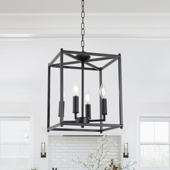 Melucee 4-Light Black Farmhouse Chandelier, Iron Lantern Pendant Light Rustic Cage Adjustable Height