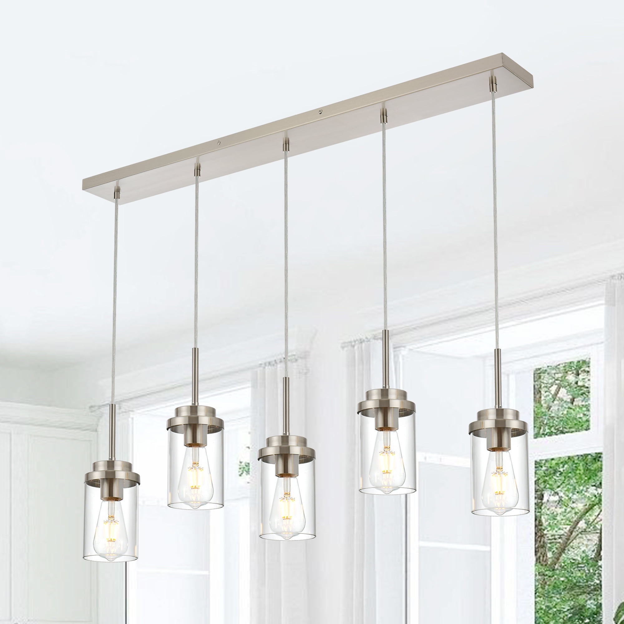 Brushed Nickel 5-Light Linear Kitchen Island Pendant with Clear Glass Shades