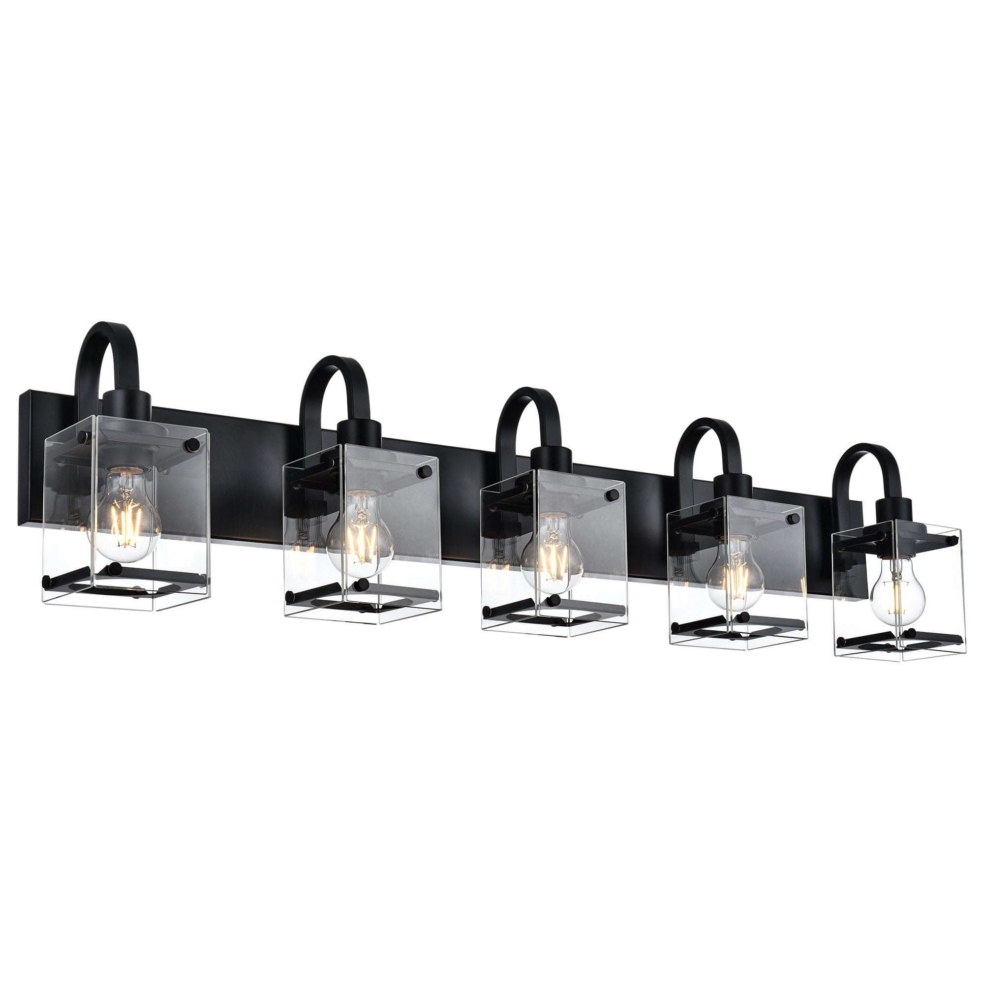 Melucee 5-Lights Bathroom Vanity Lighting Over Mirror, Black Bathroom Wall Light Fixtures with Clear Rectangular Glass Shade for Bath Living Room, E26 Bulb Base
