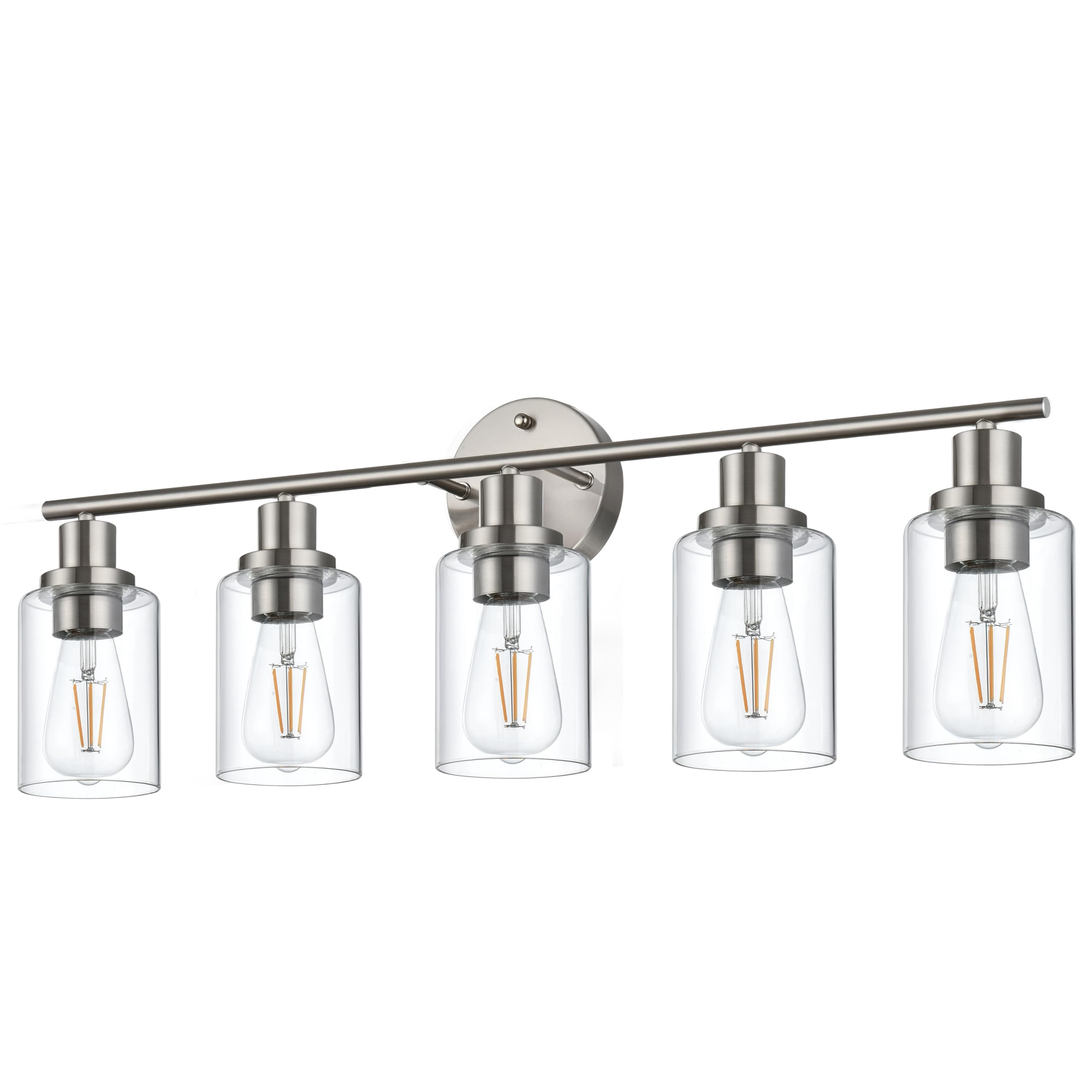 Melucee 5-light Vanity Light with Round Plate – Brushed Nickel Modern Bathroom Light Fixture, Dimmable Wall Sconce for Mirror, Bedroom, Makeup Area