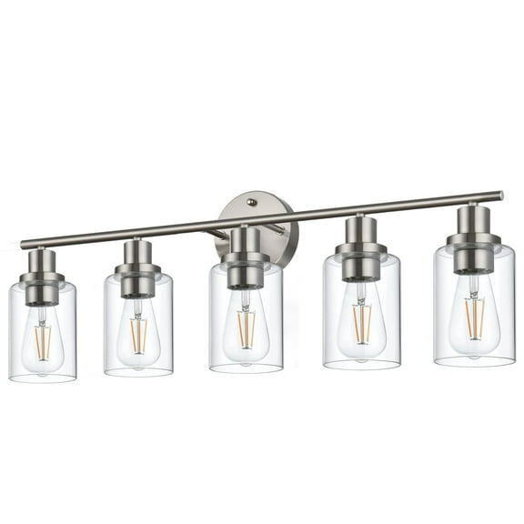 Melucee 5-light Vanity Light with Round Plate – Brushed Nickel Modern Bathroom Light Fixture, Dimmable Wall Sconce for Mirror, Bedroom, Makeup Area