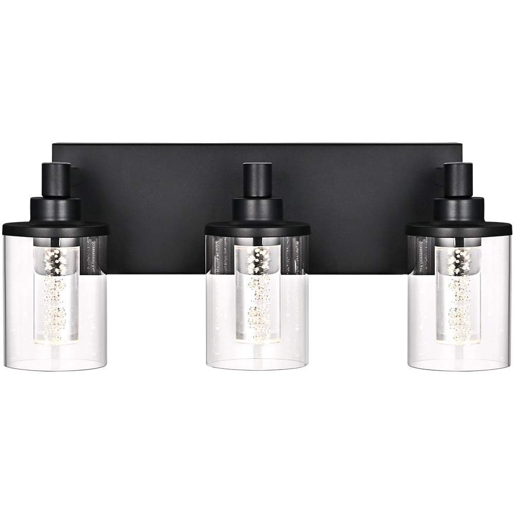 Melucee 5CCT Dimmable LED Black Vanity Lights 3-light, Modern Vanity Lighting Fixtures with Crystal Light Columns and Clear Glass for Bathroom Bedroom
