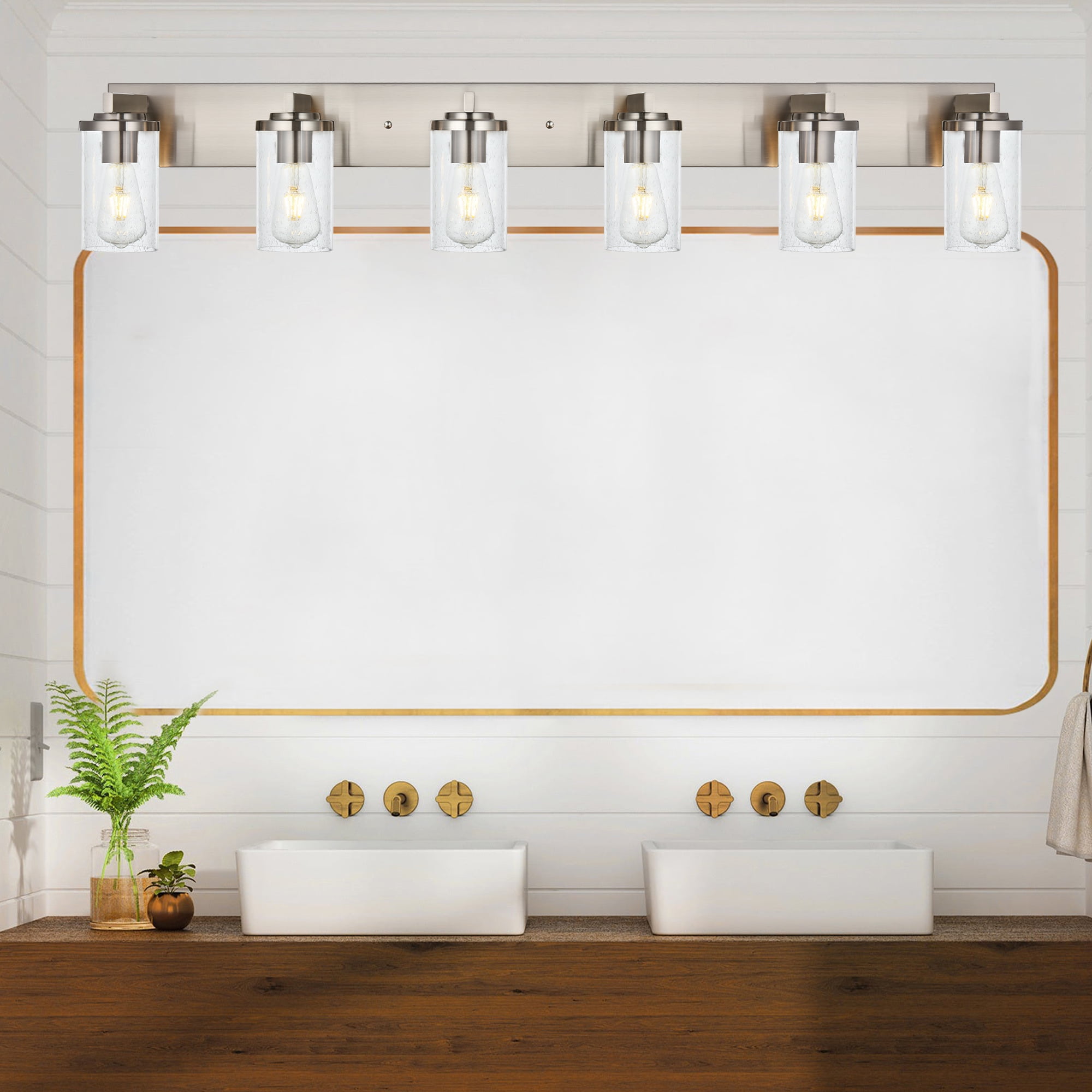 Brushed Nickel Industrial Vanity Light with Seeded Glass Shades