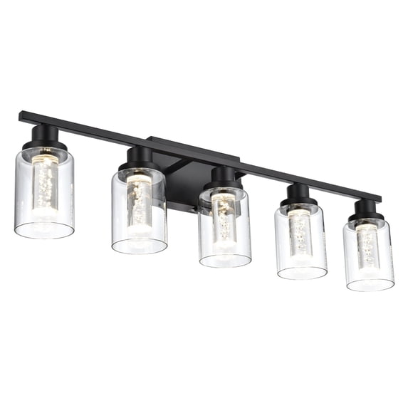Melucee Eye Protection LED 5-Light Bathroom Light Fixture, Dimmable Black Modern Wall Light Over Mirror with Clear Glass Shade
