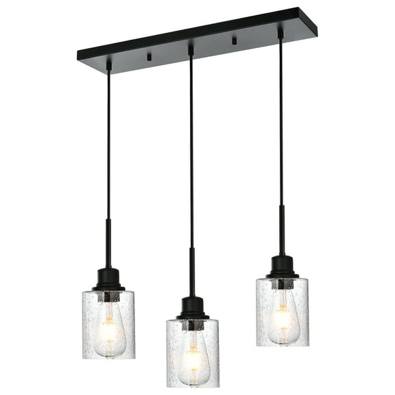 Melucee Farmhouse Dining Room Chandelier 3-Lights Black Kitchen Island Light, Clear Glass Pendant Lighting Fixtures