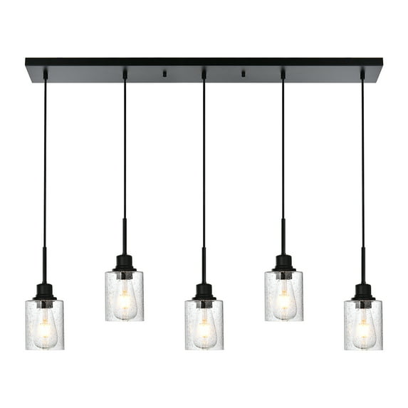 Melucee Farmhouse Dining Room Chandelier 5-Lights Black Kitchen Island Light, Clear Glass Pendant Lighting Fixtures