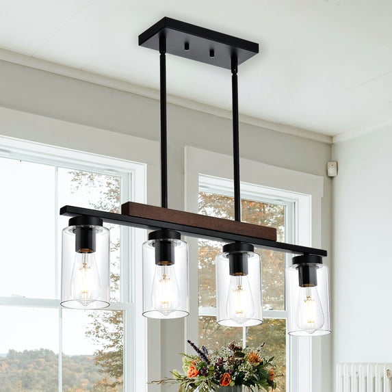 Melucee Farmhouse Dining Room Light Fixtures Over Table, 4-Lights Wood Island Light Fixture Rectangular Chandeliers