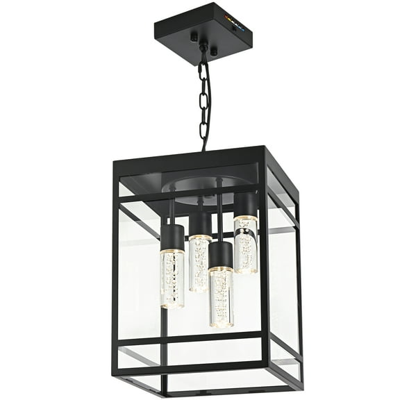 Melucee Large Outdoor Pendant Light for Porch, Black Outdoor Hanging Light Fixture with Seeded Glass Panel, Exterior Linear Chandelier Hanging Lantern for Outside Patio,Front Door