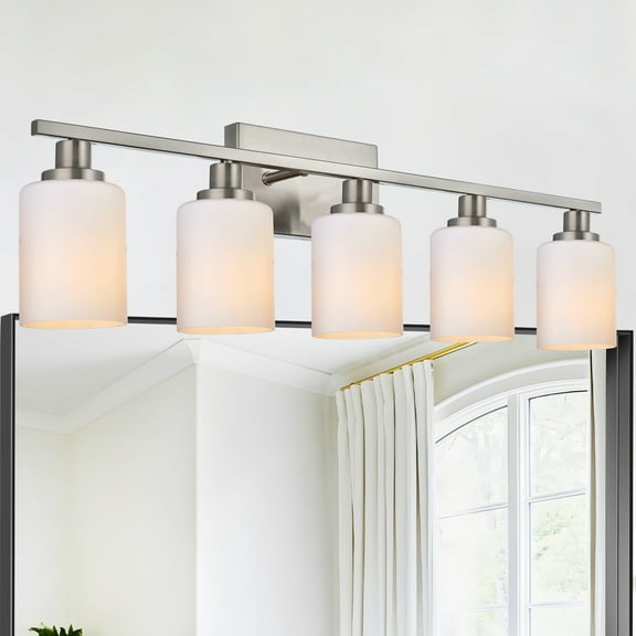 Melucee Modern Bathroom Light Fixtures, 5 Light Vanity Lights, Brushed Nickel Wall Lamp with White Glass for Bathroom