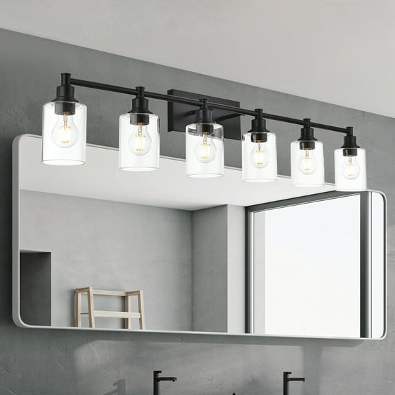 Melucee Modern Bathroom Light Fixtures, 6 Light Vanity Lights, Black Wall Lamp with Clear Glass for Bathroom