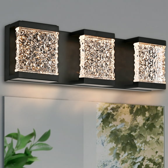 Melucee Modern LED Bathroom Vanity Light Fixtures, 3-Lights Black Wall Sconces for Bathroom Lighting Fuxture Over Mirror, LED Dimmable Crystal Vanity Lights (Integrated LED bulbs included)