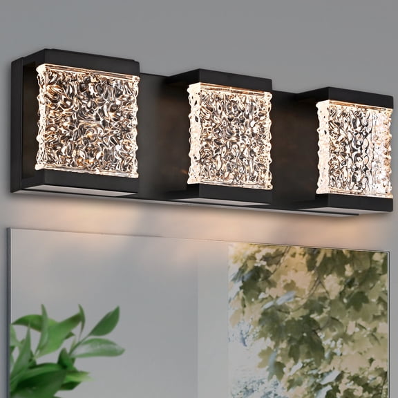 Melucee Modern LED Bathroom Vanity Light Fixtures, 3-Lights Black Wall Sconces for Bathroom Lighting Fuxture Over Mirror, LED Dimmable Crystal Vanity Lights (Integrated LED bulbs included)