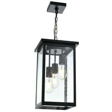 Melucee Outdoor Pendant Light Fixtures, 3-Lights Exterior Hanging Lantern, Black Large Outdoor Hanging Porch Light with Seeded Glass Shade