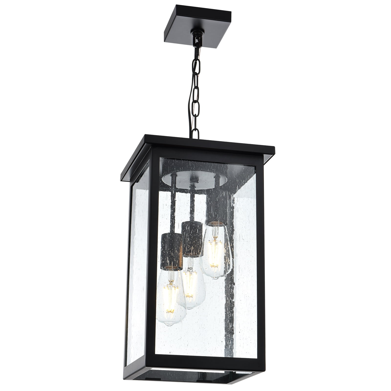 Melucee Outdoor Pendant Light Fixtures, 3-Lights Exterior Hanging Lantern, Black Large Outdoor Hanging Porch Light with Seeded Glass Shade