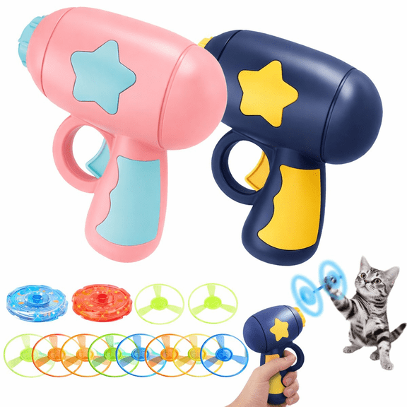 Melvexa 2PCS Bamboo Dragonfly Catapult Launcher, Interactive Cat Fetch Toy Launcher with LED Flying Disc Propeller, Outdoor Flying Saucer Blaster for Pet Exercise & Night Play(Pink+Blue)