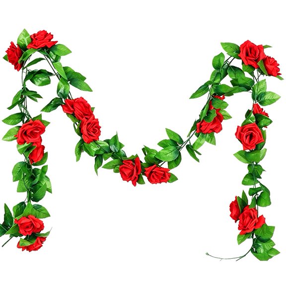 Melvexa Artificial Rose Flower Vine, Lifelike Silk Flowers with 9 Rose Heads, for Wedding Arch Home Decor Party Backdrop, Red