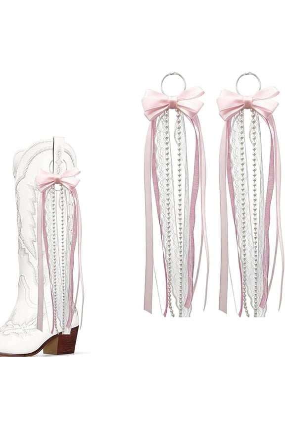 Cowboy Boot Tassel Charm, Handmade Ribbon Accessory with Imitation Pearls, for Western Weddings Music Festivals, Pink
