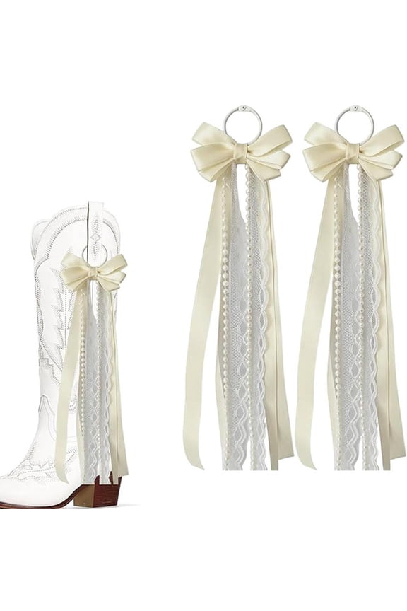 Cowboy Boot Tassel Charm, Handmade Ribbon Accessory with Imitation Pearls, for Western Weddings Music Festivals, White