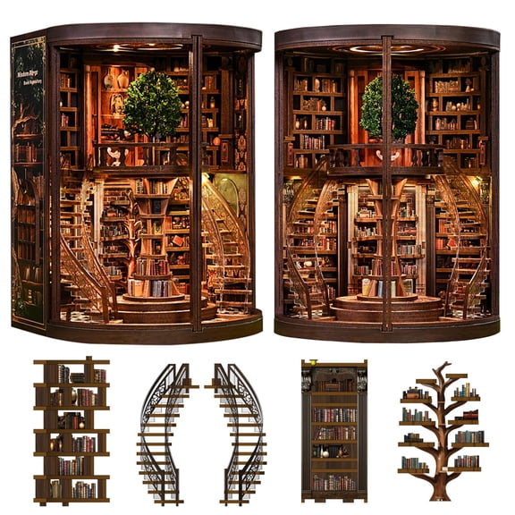 Melvexa DIY Miniature House Kit, Wisdom Rings Book Repository Book Nook Kit with LED Light,3D Wooden Puzzle Miniature Dollhouse Kit for Bookshelf Decor-Creative Gift for Family and Friends(2PC)