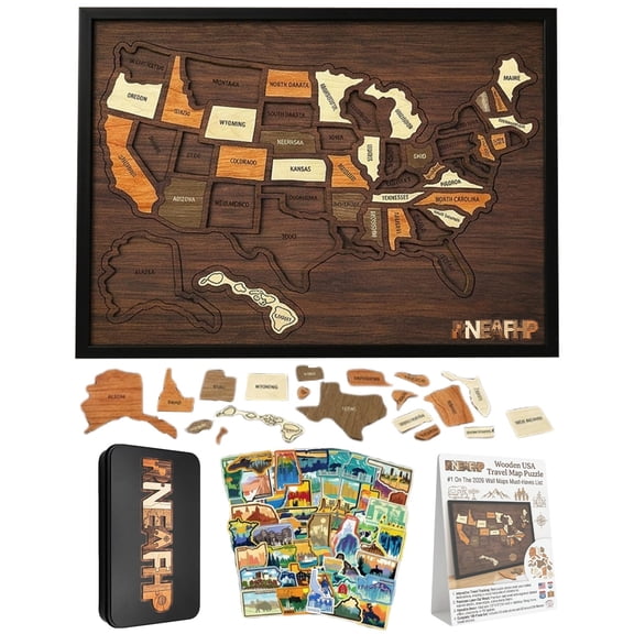 Melvexa Wooden USA Travel Map Puzzle United States Journey Tracker Maps Pin Board for Us Traveling with Elements Sticker Rv Vacations Home Classroom Wall Art Home Decor for Couple Family (1PC)