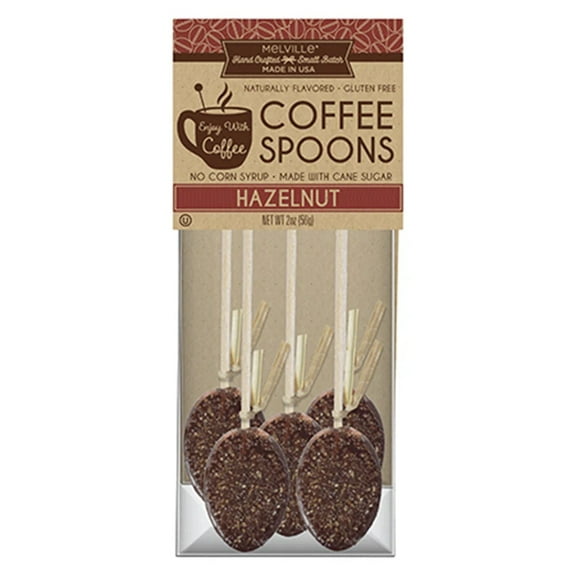 Melville Candy Hard Candy Hazelnut Coffee Spoons Lollipop On Wooden Ball Sticks, 5 Count Gusset Bag