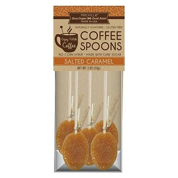 Melville Candy Hard Candy Salted Caramel Coffee Spoons Lollipop On Wooden Ball Sticks, 5 Count Gusset Bag